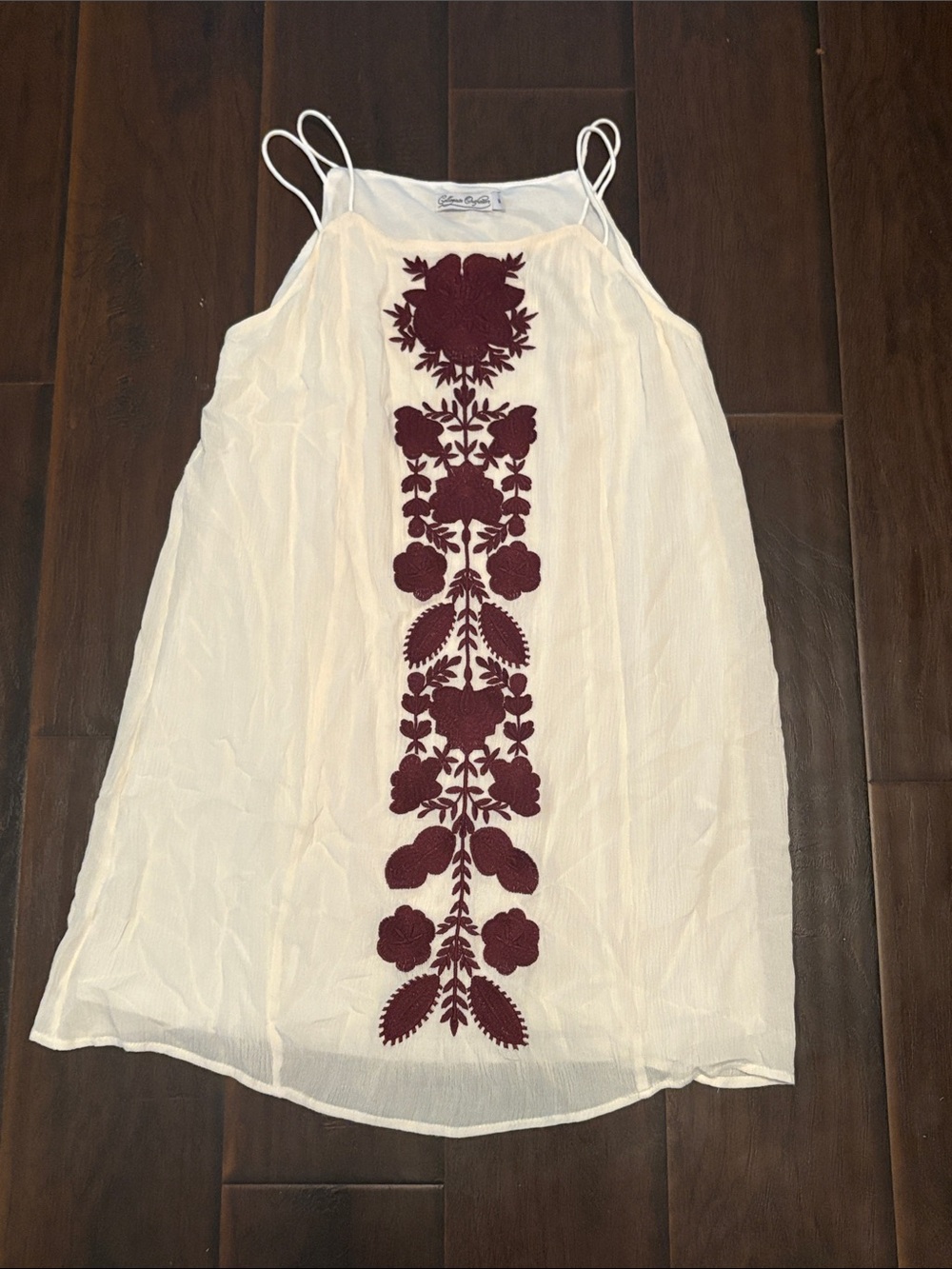 Cream Mini Dress with Burgundy Floral Embroidery